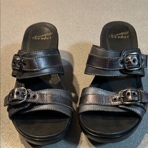 Dansko sz 36/US 5.5-6 - “Metallic Silver/Black Slide Sandals with Double Buckles
